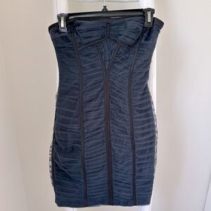 BCBG MaxAzria Dark Blue Grey Ruched Sela Strapless Convertible Evening Dress